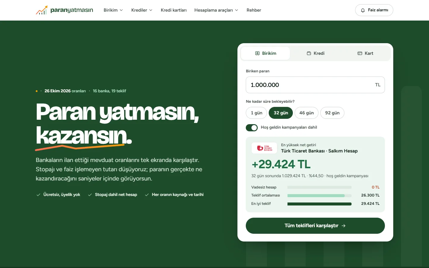 The home page of paranyatmasin.com: a savings calculator that shows which bank pays the most.
